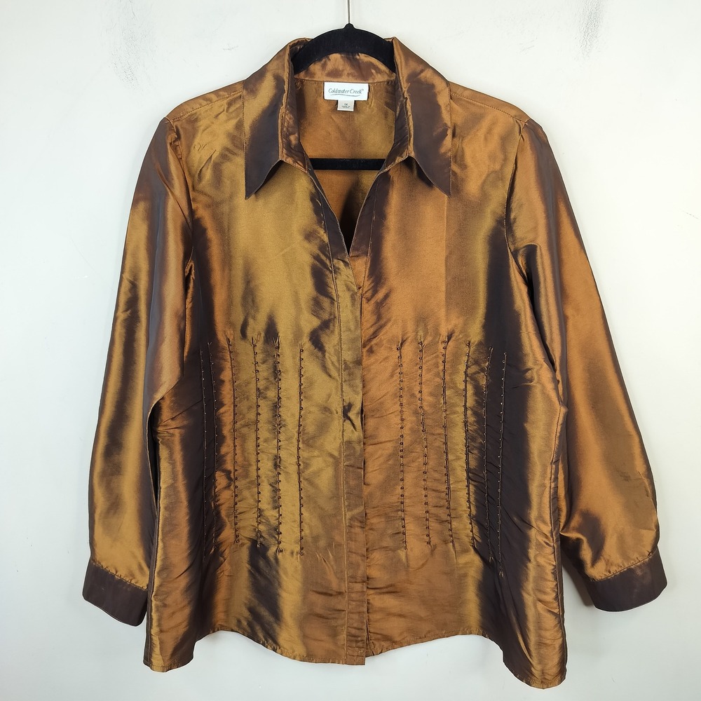 Coldwater Creek Bronze Button Up Shirt 1X Beaded Pintuck Iridescent Brown